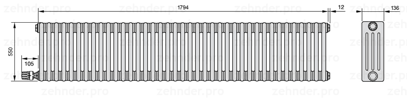 Схема (чертеж) Радиатор Zehnder Charleston 4055/39 №V004 Белый глянцевый RAL 9016